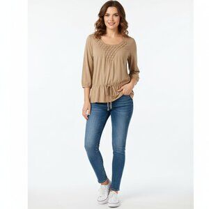 JONES NEW YORK Tan Knit Top Large Drawstring Waist Smocked Lattice Neckline